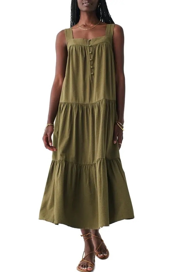 Faherty Marina Tiered Maxi Dress Seersucker Military Olive Green Womens Large